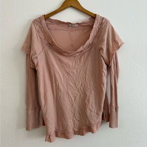 We The Free Dusty Pink Long Sleeve Cotton Linen Waffle Knit Boat Neck Tee XL